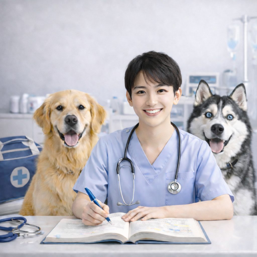 白衣の看護師と犬たち